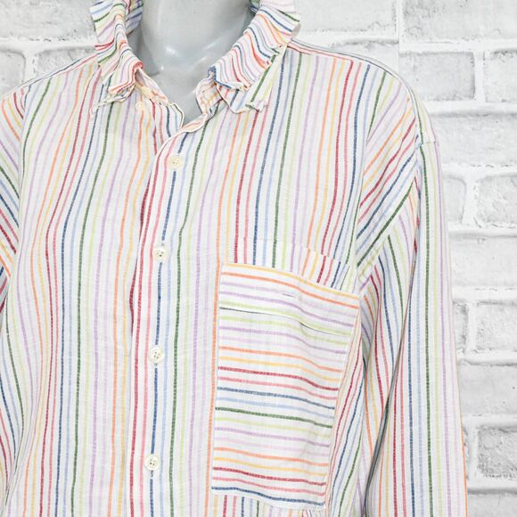 BANZO Women's 100% Linen Antique Ruffle Collar Boxy Shirt Striped multi sz XL - Picture 9 of 11